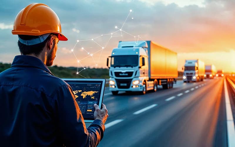 Logistics professional tracking road freight on a tablet