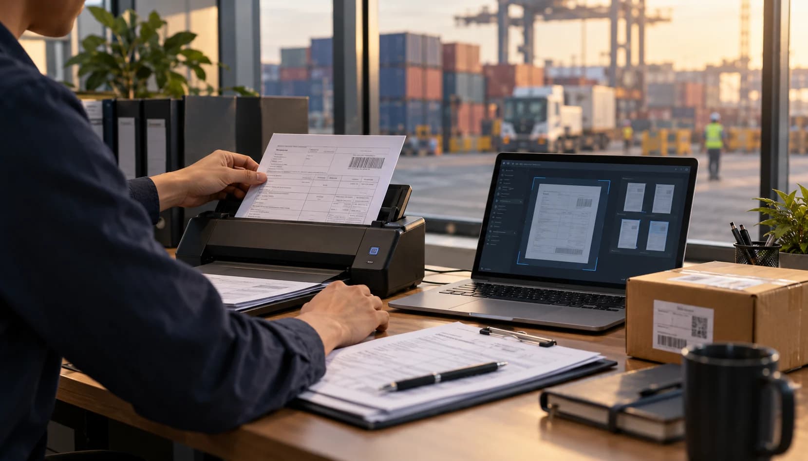 Document scanning and shipment-data review at a logistics desk