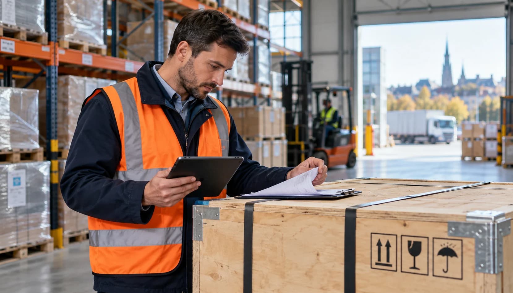 Shipping documents and cargo reviewed in a European warehouse