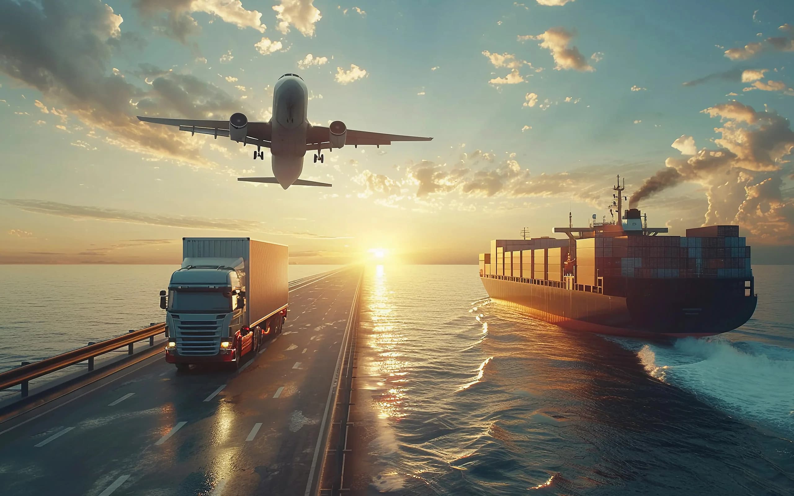 Air, road and sea freight connecting global trade at sunset