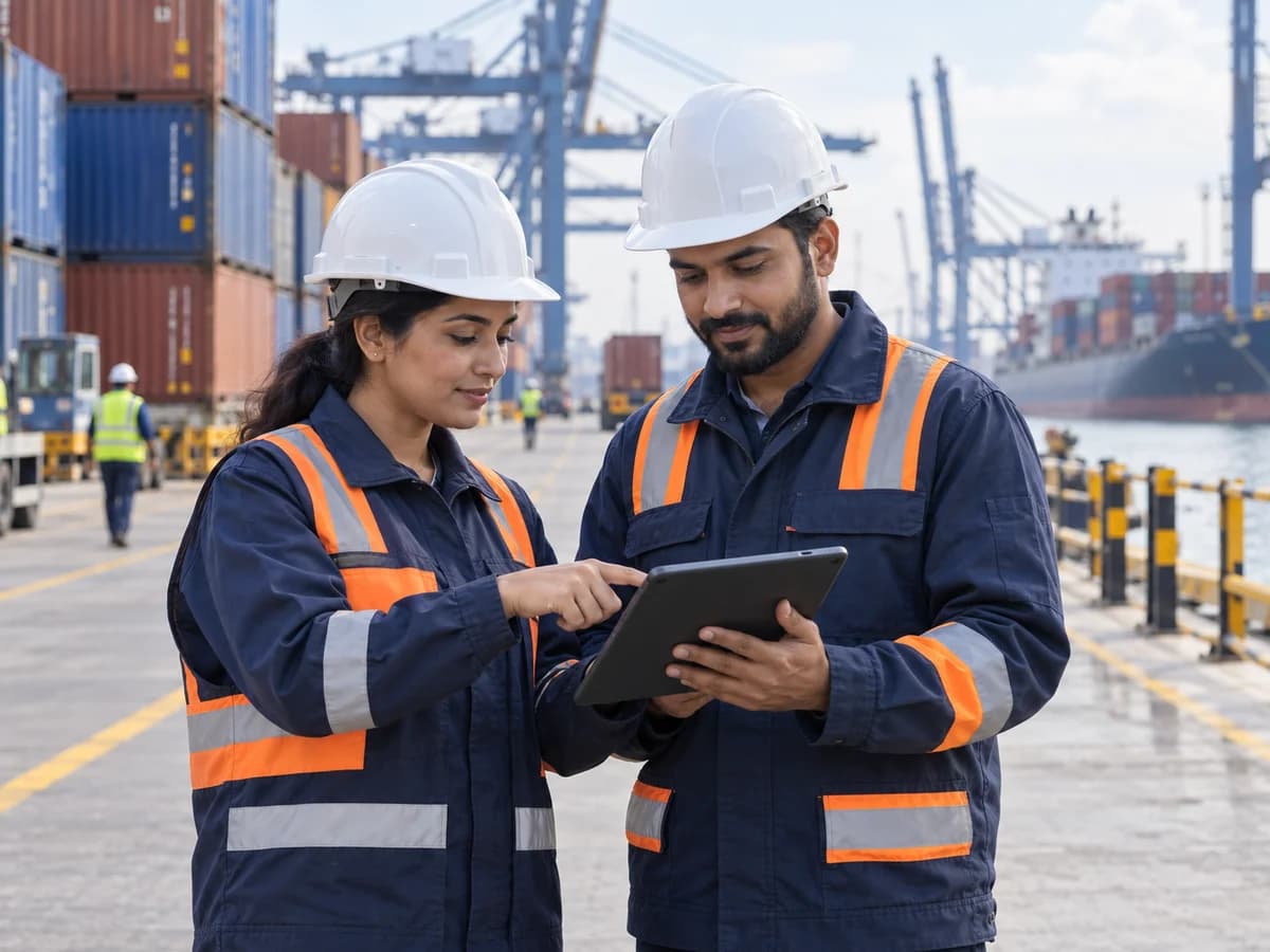 Logistics professionals reviewing a quality checklist at a container terminal