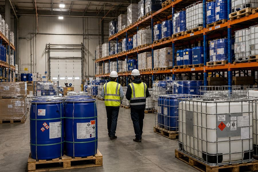Warehouse team inspecting stored industrial drums and containers