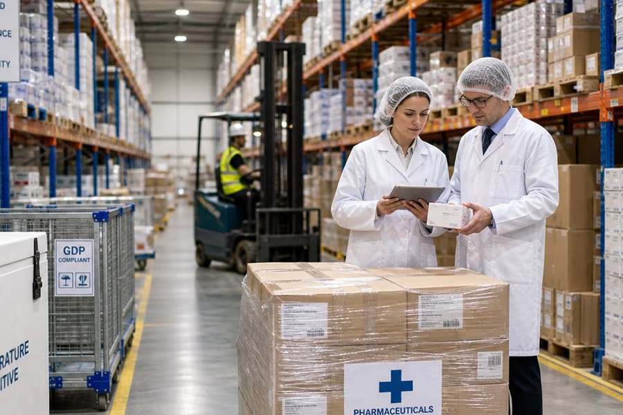 Healthcare logistics staff checking a pharmaceutical shipment