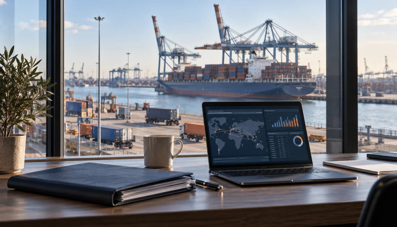 Customs workspace overlooking a European container terminal
