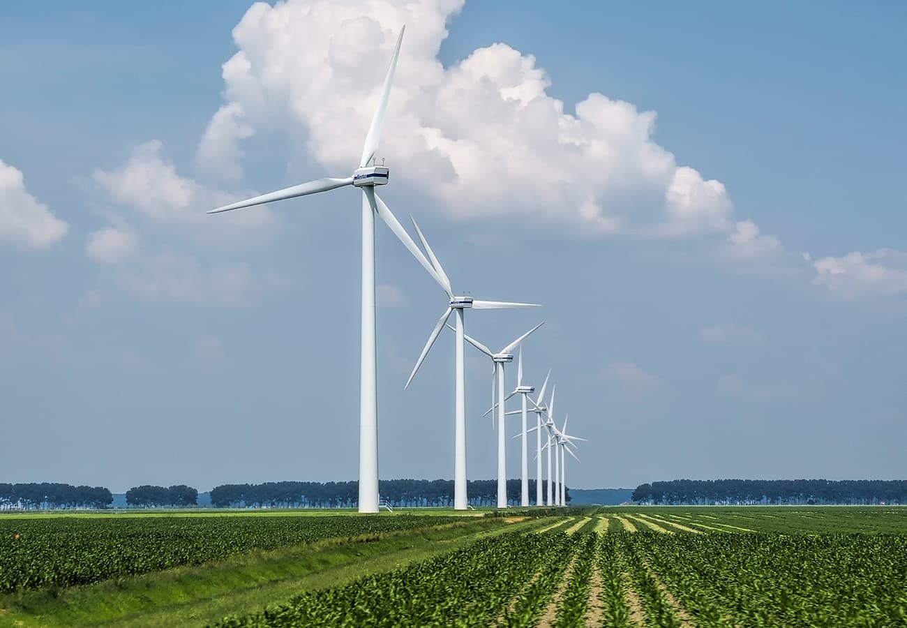 Wind turbines generating renewable energy over agricultural fields