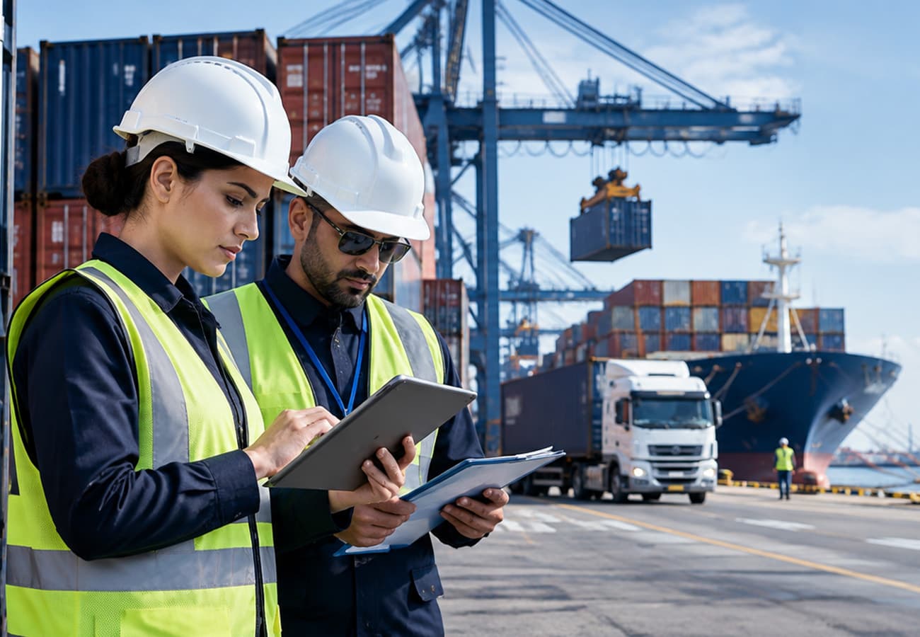 Logistics staff reviewing customs documentation at a container port