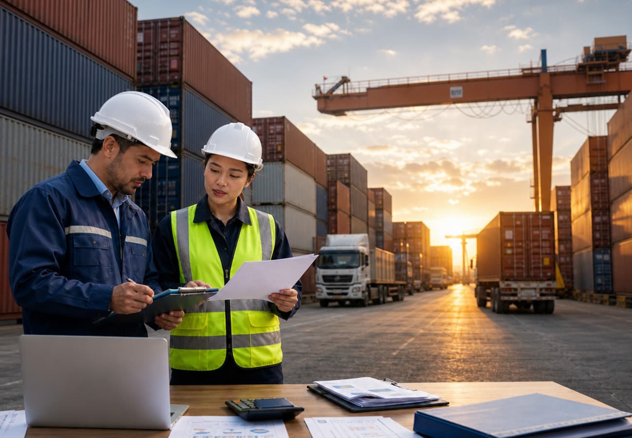 Import and export documentation being reviewed at a container terminal